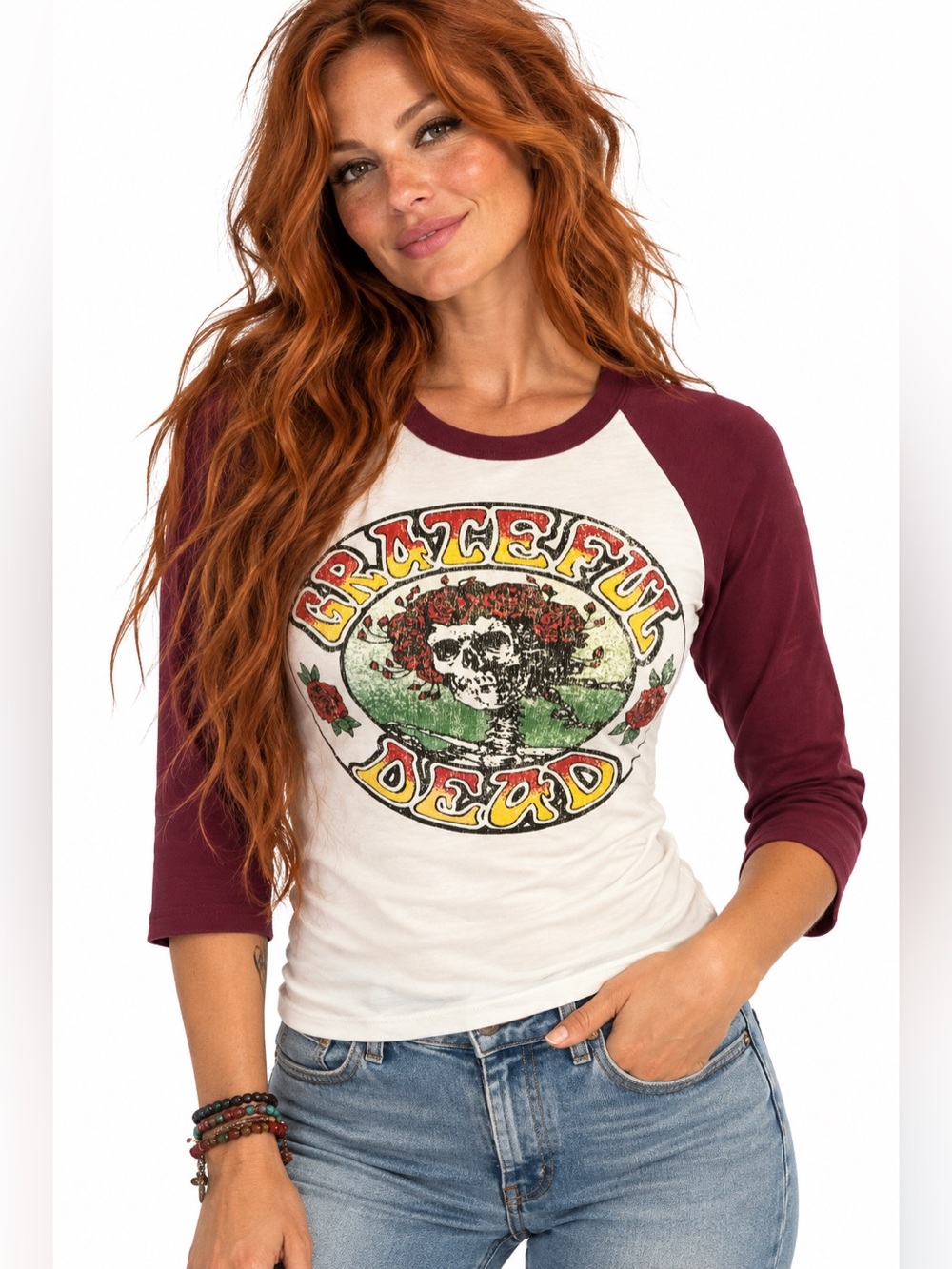 Grateful Dead Dancing Skeleton Roses Raglan Baseball Tee Shirt M Burgundy